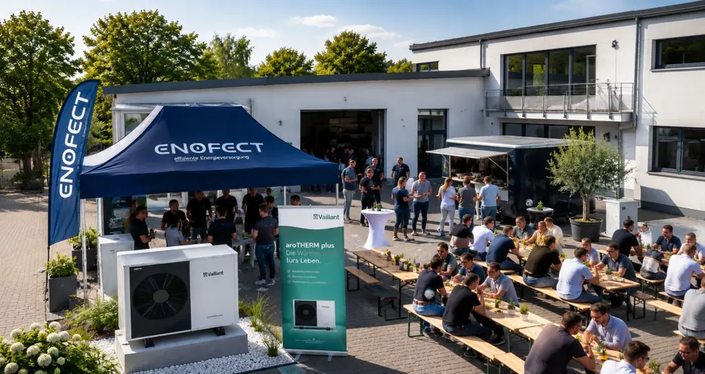 Besucherinnen und Besucher unter dem ENOFECT-Zelt neben Vaillant-Wärmepumpen auf dem Firmengelände